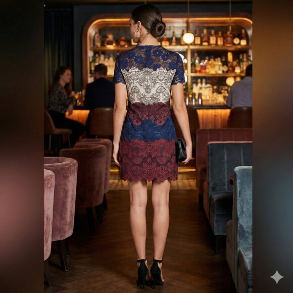 Elegant Lace Dress with Blue and Burgundy Accents Size 1 - Picture 2 of 11